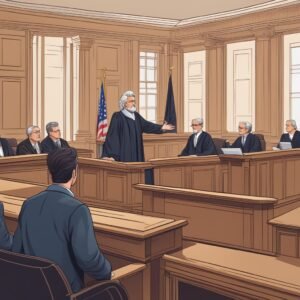 A courtroom with a judge presiding over a case, lawyers presenting arguments, and a plaintiff seeking to establish clear ownership of a property